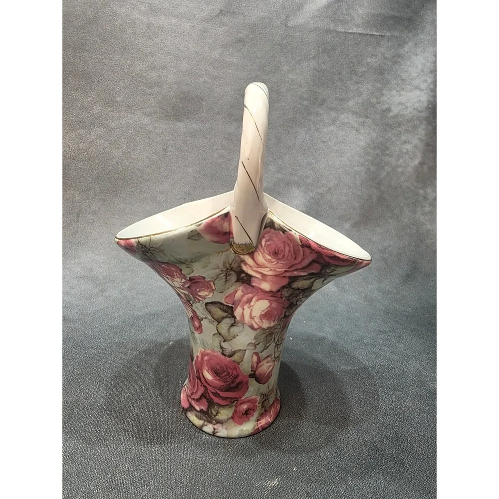 Formalities by Baum Bros Pink Rose Floral China Basket Vase Gold Trim 9.75in